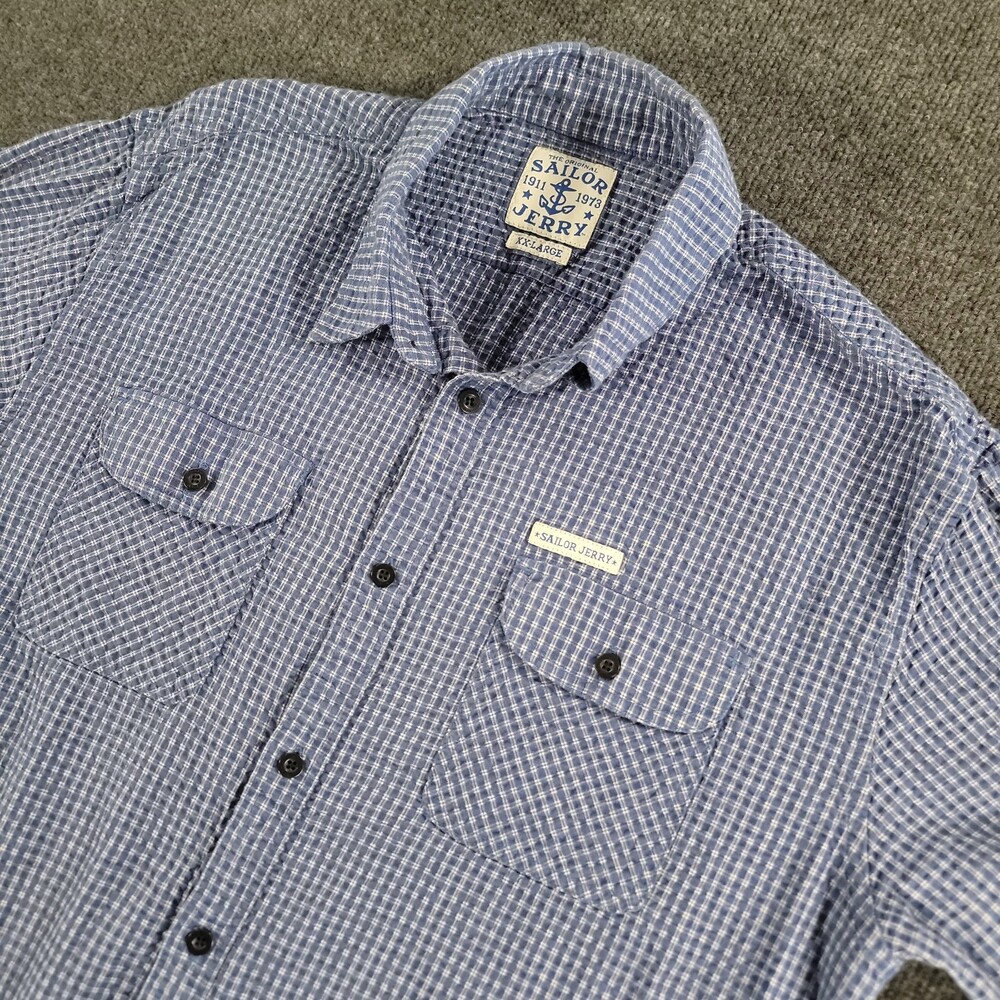 Sailor Jerry Long Sleeve Blue Plaid Shirt Eagle Anchor Mens 2XL Button Up